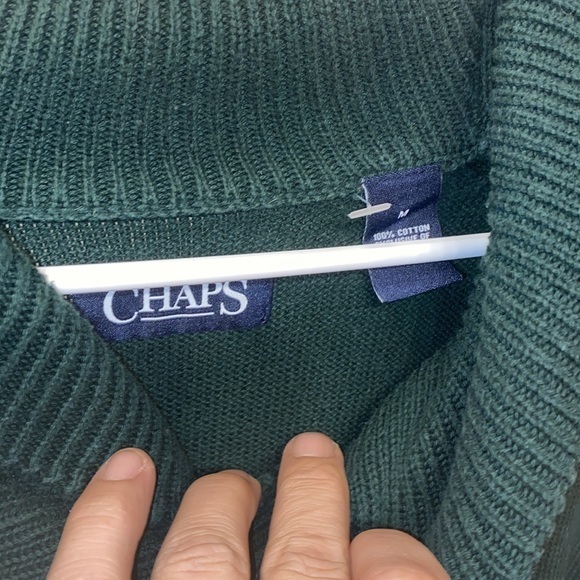 Men’s Green Chaps Sweater with leather elbow patches nice big neck size Medium - Picture 5 of 8
